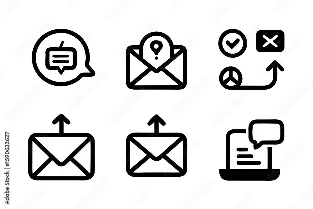 Fototapete Set of six different communication icons in black outline style including speech bubble email strategy and laptop with message on a clean white background perfect