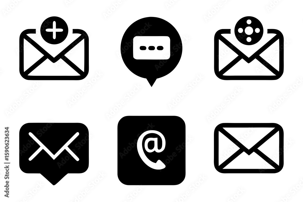 Poster Set of Black and White Email Icons Depicting New Messages Notifications and Communication Ideal for Web Design App Development and User Interface Projects