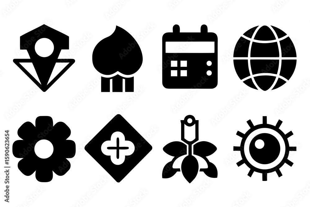 Poster collection of eight black and white vector icons representing location building calendar globe flowe