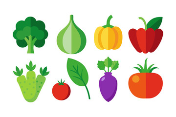 Collection of colorful vegetable icons in a flat design style featuring broccoli fig bell pepper cactus tomato spinach turnip and tomato isolated on white background