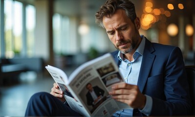 A man in a suit sits and reads a magazine in a modern, brightly lit interior space.  He appears serious and engrossed in his reading.