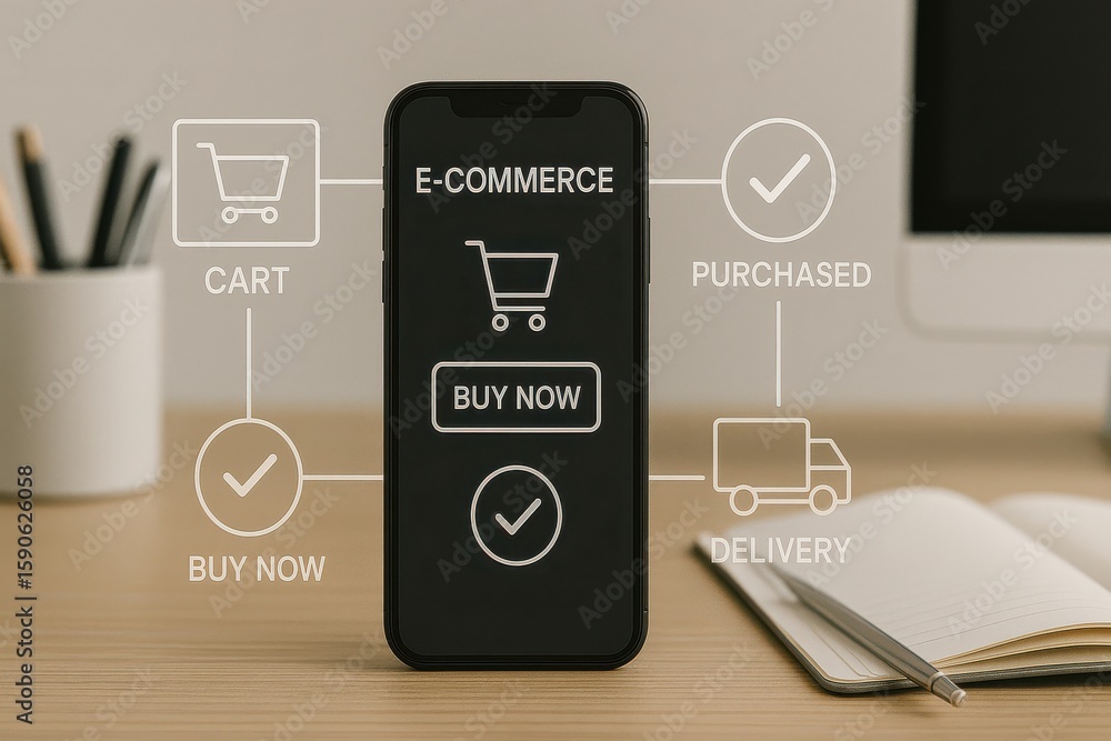 Poster smartphone displaying e-commerce interface with cart, buy now, purchase and delivery icons in digita