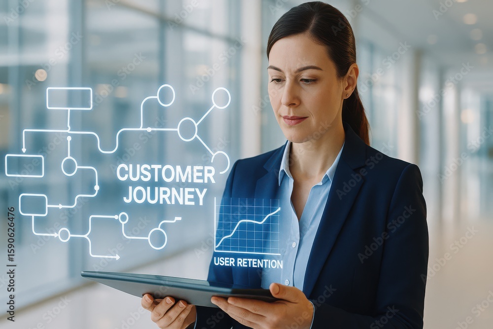 Poster businesswoman using tablet to analyze customer journey and user retention with digital flowchart int