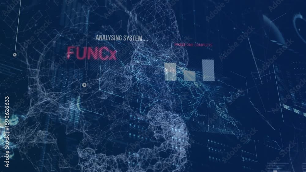 Poster starting interface displaying system analysis, node cloud rising as bars filling to visualize data