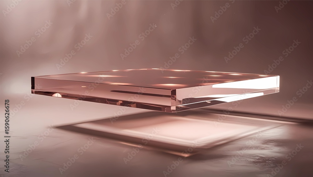 Poster a translucent, rectangular glass block levitating, casting a shadow on a soft, neutral surface.