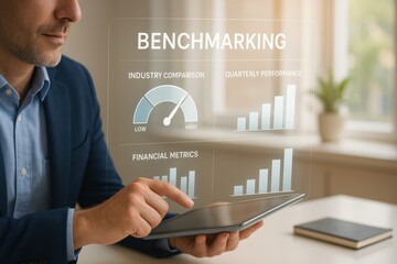 Man Using Tablet with Benchmarking Dashboard Showing Industry Comparison, Financial Metrics and Performance Graphs
