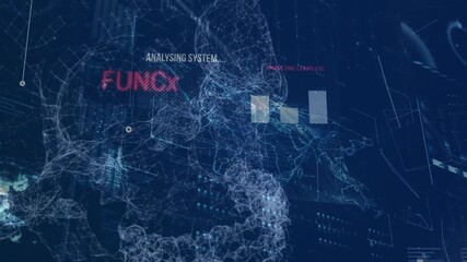 Starting interface displaying system analysis, node cloud rising as bars filling to visualize data - Powered by Adobe