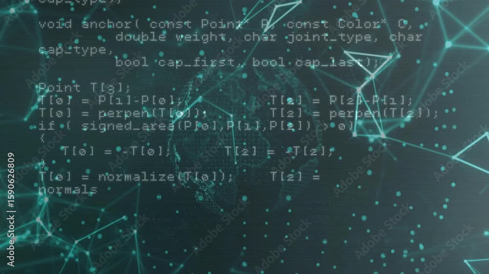 Poster c++ code starting data reading loop rotating map pulsing mesh and dots illustrating data flow