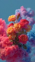 Obraz premium Vibrant floral arrangement bursting through colorful abstract smoke