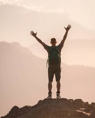 A photograph depicting a hiker with arms raised on a mountain peak, bathed in soft pastel light. The scene evokes a gentle and soothing atmosphere with diffused shadows and subtle illumination