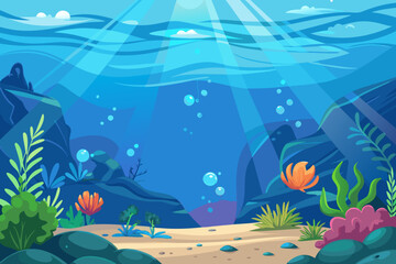 Cartoon underwater scene with sunlight rays bubbles rocks plants and coral A vibrant and inviting illustration of marine life and the ocean floor environment