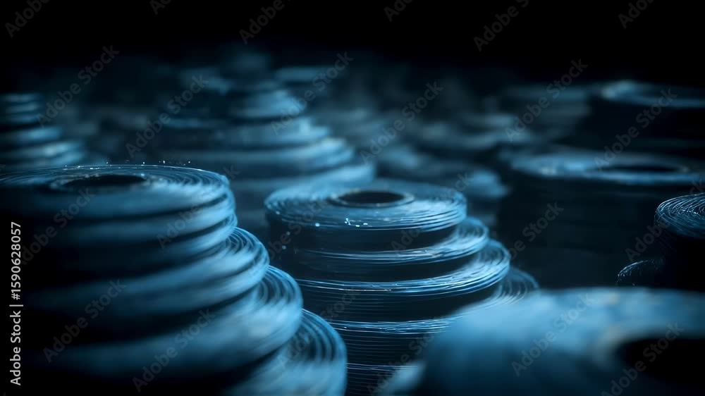 Poster coils emitting blue light and generating energy with floating particles around them in a dark enviro