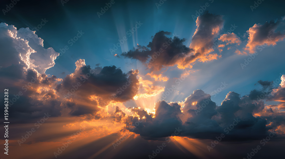 Poster sunset clouds with sun rays creating dramatic light in a blue sky natural background with copy space