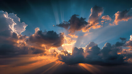 Sunset clouds with sun rays creating dramatic light in a blue sky natural background with copy space for text