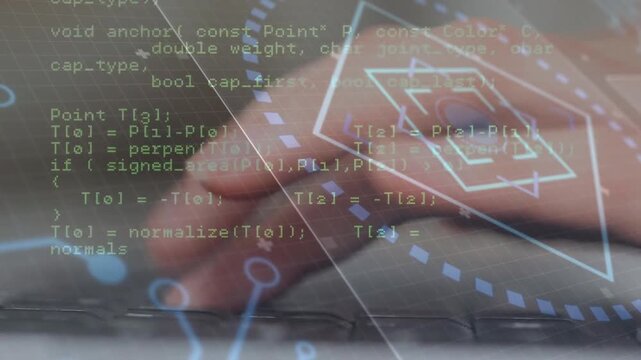 Hand hovering typing C++ code while hexagon graphics pulsing to build intersection algorithm