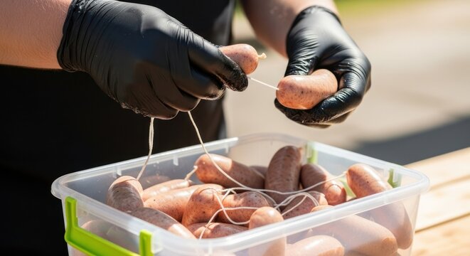 Photo of a chef preparing homemade sausages by tying them with string, showcasing the culinary art of meat preparation