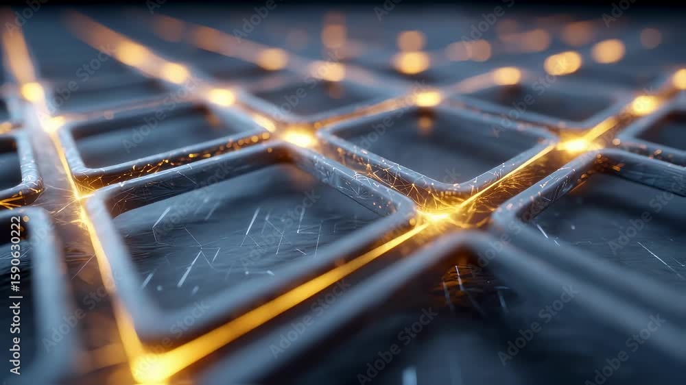 Poster complex metallic grid structure featuring glowing orange connections symbolizes advanced technology 