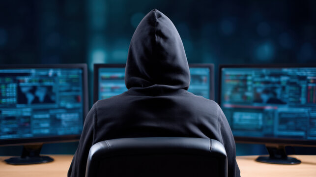  person in a hoodie sits in front of multiple computer screens displaying codes, symbolizing cybersecurity or hacking activities in a dark environment.