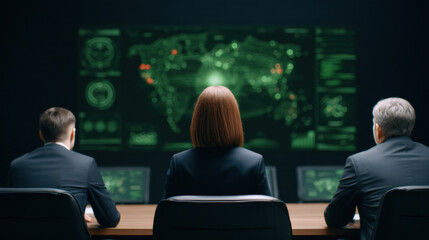 Three professionals analyze global data and security information on multiple digital screens in a dark, high-tech control room.
