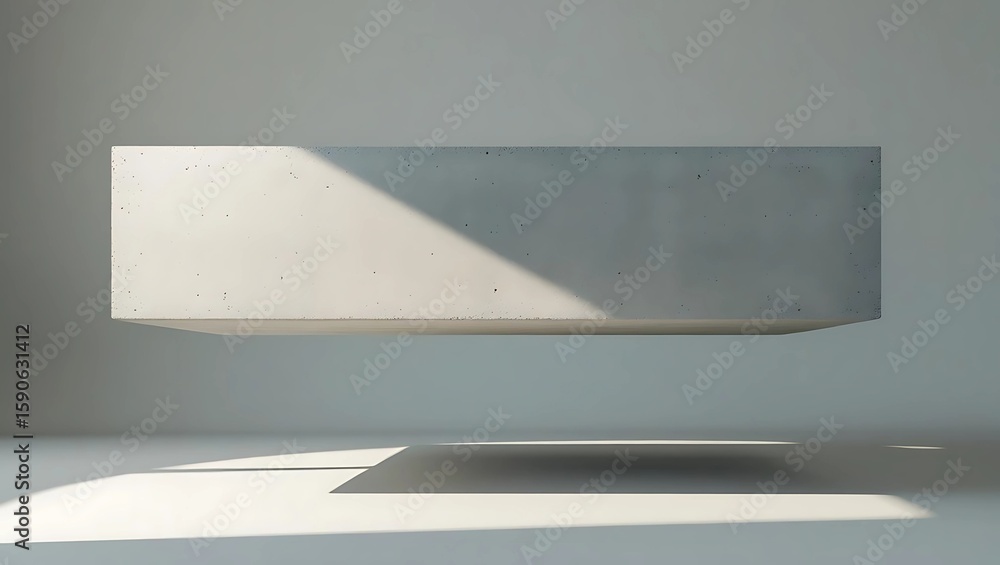 Poster a rectangular concrete block suspended in mid-air, casting a shadow on the ground below.
