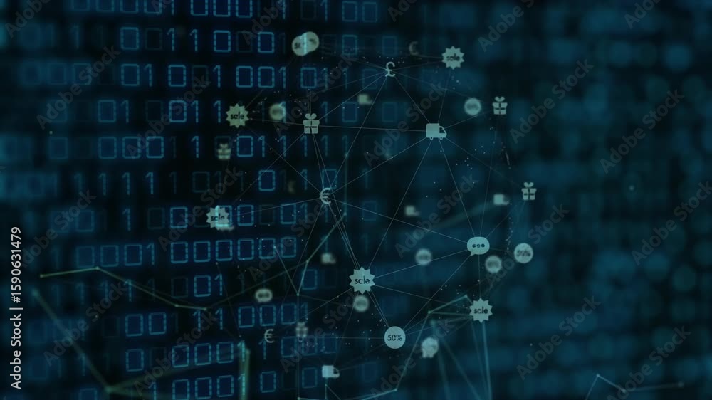 Poster scrolling binary digits causing nodes linking into network showing data streams around euro symbol