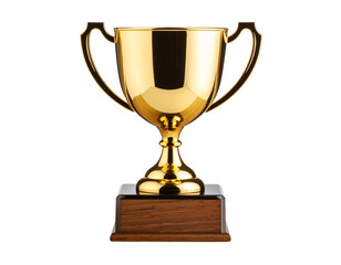 Fototapeta premium Angled View of Matte Gold Trophy Cup with Wooden Pedestal Base, Isolated