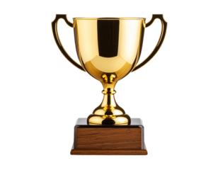 Angled View of Matte Gold Trophy Cup with Wooden Pedestal Base, Isolated