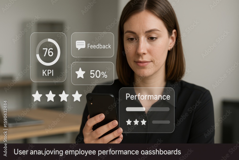 Poster hr manager viewing employee performance and kpi dashboard with feedback ratings on smartphone
