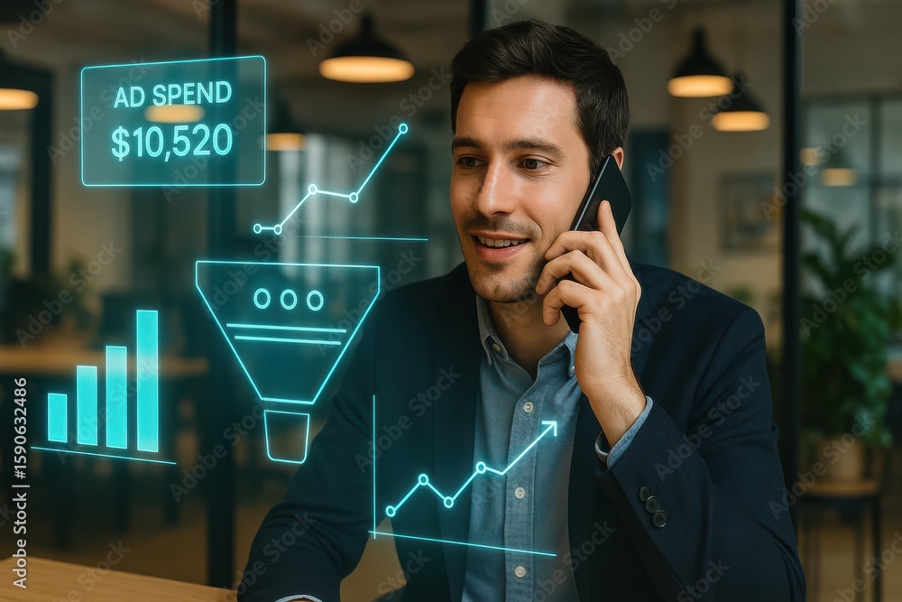 Poster digital marketing manager talking on phone with ad spend and funnel performance dashboard overlay