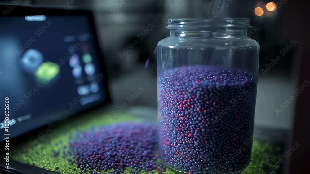 Poster innovative plastic granules fill a glass jar on a table scattered with more granules, while a digita