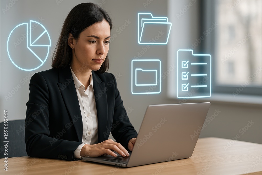 Poster businesswoman using digital interface for file management, data sorting and analytics on laptop