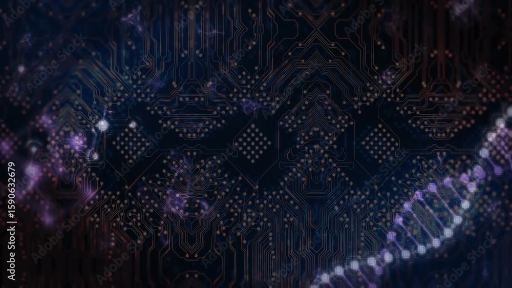 Poster blue circuit-board particles emerging drifting inward causing glowing helix pulsing rotating