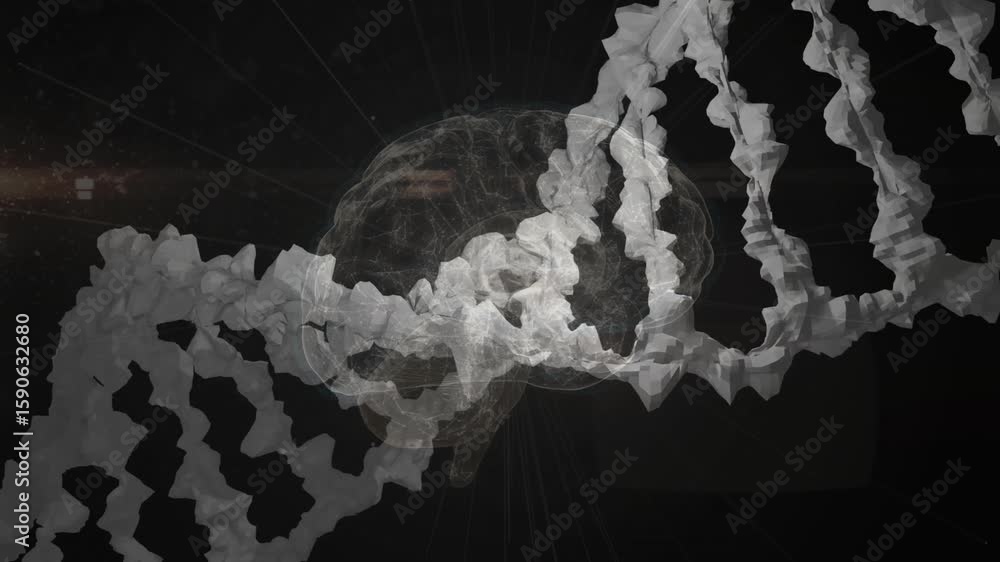 Poster white 3d dna helix drifting from left wrapping around rotating brain visualizing genetic connection