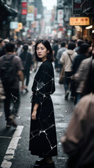 Asian woman standing on a street, a bustling crowd around her blurred by motion, shallow depth of field so her face is razor-sharp, damaged-film aesthetics with visible grain, dust, and scratches, hig