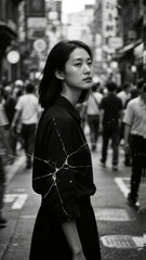 Asian woman standing on a street, a bustling crowd around her blurred by motion, shallow depth of field so her face is razor-sharp, damaged-film aesthetics with visible grain, dust, and scratches, hig
