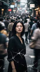 Asian woman standing on a street, a bustling crowd around her blurred by motion, shallow depth of field so her face is razor-sharp, damaged-film aesthetics with visible grain, dust, and scratches, hig