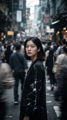 Asian woman standing on a street, a bustling crowd around her blurred by motion, shallow depth of field so her face is razor-sharp, damaged-film aesthetics with visible grain, dust, and scratches, hig