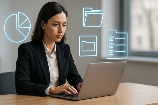 Businesswoman Using Digital Interface for File Management, Data Sorting and Analytics on Laptop
