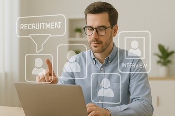 Man Using Recruitment System with Interview Scheduling and Candidate Profile Interface on Laptop
