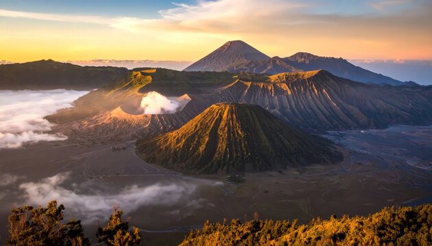 Bromo at sunrise, mist and warm sunlight - Powered by Adobe