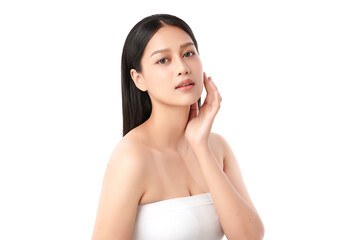 A beautiful young Asian woman with clean, fresh skin against a white background. Skincare, facial...