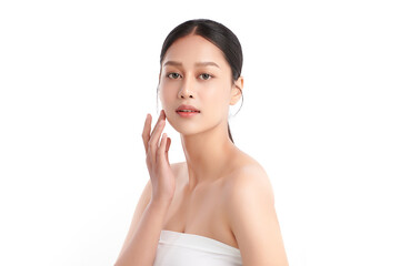 A beautiful young Asian woman with clean, fresh skin against a white background. Skincare, facial...