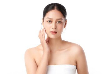 A beautiful young Asian woman with clean, fresh skin against a white background. Skincare, facial...