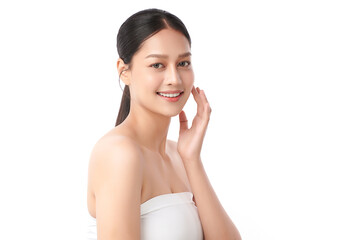 A beautiful young Asian woman with clean, fresh skin against a white background. Skincare, facial...