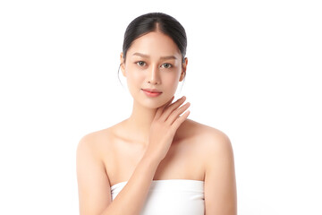 A beautiful young Asian woman with clean, fresh skin against a white background. Skincare, facial...