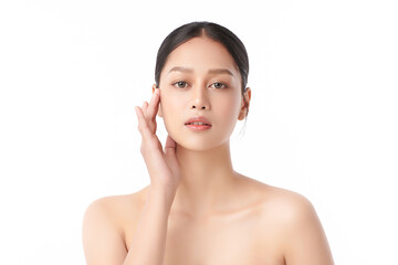 A beautiful young Asian woman with clean, fresh skin against a white background. Skincare, facial...