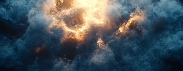 Dramatic orange and dark storm clouds at sunset with fire and smoke in the sky over a forest