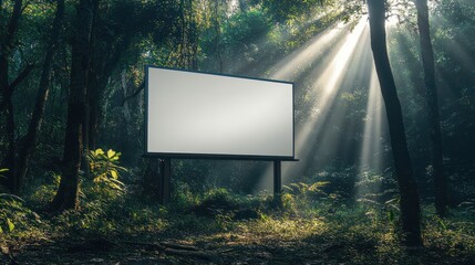 Blank Billboard in Sun-Dappled Forest