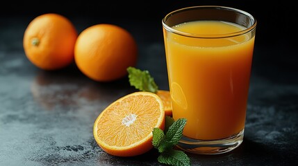 Fresh Orange Juice in Glass Cup Close-Up · Dark Background with Mint Leaves · Healthy Beverage for Breakfast & Ad Design Assets