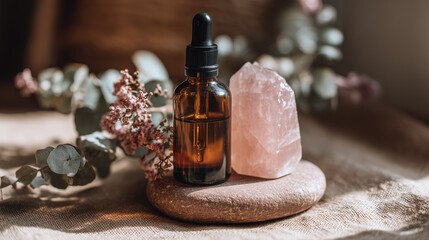 Amber Glass Dropper Bottle on Pink Stone with Rose Quartz and Eucalyptus